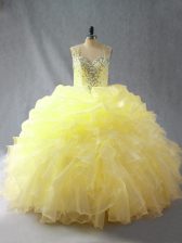  Yellow Organza Zipper Straps Sleeveless Floor Length 15 Quinceanera Dress Beading and Ruffles