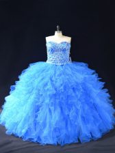 Ideal Blue Sweetheart Neckline Beading and Ruffles Sweet 16 Dresses Sleeveless Lace Up