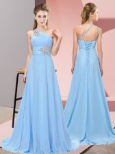  Blue Lace Up Evening Dress Beading Sleeveless Brush Train