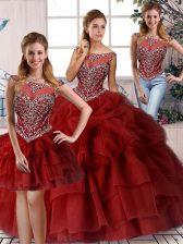 Most Popular Brush Train Three Pieces Quince Ball Gowns Wine Red Scoop Organza Sleeveless Zipper