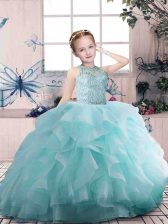  Aqua Blue Ball Gowns Organza Scoop Sleeveless Beading and Ruffles Floor Length Zipper Pageant Gowns