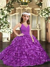  Purple Zipper V-neck Ruffles and Ruching Child Pageant Dress Organza Sleeveless