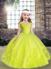New Arrival Yellow Green Ball Gowns Straps Sleeveless Tulle Floor Length Lace Up Beading and Hand Made Flower Child Pageant Dress