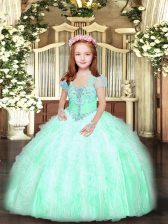  Apple Green Ball Gowns Tulle Straps Sleeveless Beading and Ruffles Floor Length Lace Up Kids Formal Wear
