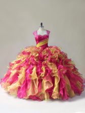Fitting Multi-color Organza Zipper 15 Quinceanera Dress Sleeveless Floor Length Beading and Ruffles