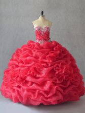  Sweetheart Sleeveless Quinceanera Gown Floor Length Beading and Pick Ups Coral Red