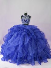  Organza Scoop Sleeveless Backless Beading and Ruffles Sweet 16 Dress in Royal Blue