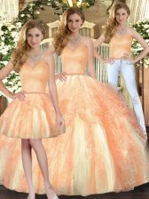 Cheap Orange Three Pieces Organza Sweetheart Sleeveless Beading and Ruffles Floor Length Lace Up Quinceanera Dress
