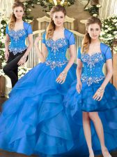  Blue Sweetheart Lace Up Beading and Ruffles Quinceanera Gown Sleeveless