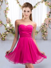  Fuchsia Chiffon Lace Up Quinceanera Dama Dress Sleeveless Mini Length Ruching