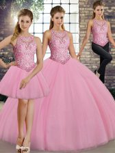  Floor Length Lace Up 15th Birthday Dress Pink for Military Ball and Sweet 16 and Quinceanera with Embroidery