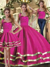 Hot Selling Floor Length Lace Up Quinceanera Gowns Fuchsia for Military Ball and Sweet 16 and Quinceanera with Ruffled Layers