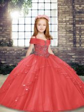 Fantastic Coral Red Tulle Lace Up Pageant Gowns For Girls Sleeveless Floor Length Beading and Ruffles