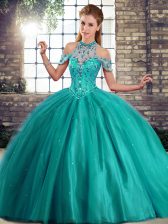  Turquoise Lace Up Quinceanera Dresses Beading Sleeveless Brush Train