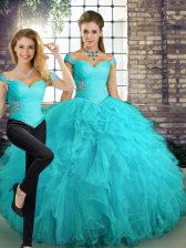  Sleeveless Tulle Floor Length Lace Up Quince Ball Gowns in Aqua Blue with Beading and Ruffles