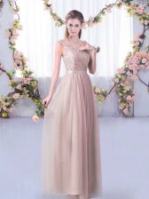  Pink Tulle Side Zipper V-neck Sleeveless Floor Length Quinceanera Court of Honor Dress Lace and Belt