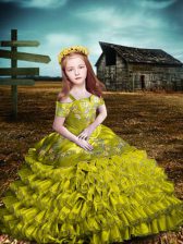 Excellent Olive Green Organza Lace Up Off The Shoulder Short Sleeves Floor Length Little Girl Pageant Gowns Embroidery and Ruffled Layers