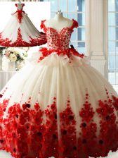  Zipper Ball Gown Prom Dress White And Red for Sweet 16 and Quinceanera with Hand Made Flower Brush Train