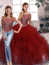 Noble Floor Length Zipper Quinceanera Dresses Burgundy for Military Ball and Sweet 16 and Quinceanera with Beading and Ruffles