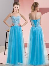 Custom Designed Empire Dress for Prom Aqua Blue Sweetheart Tulle Sleeveless Floor Length Lace Up