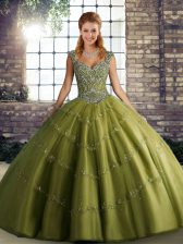 Amazing Ball Gowns Quince Ball Gowns Olive Green Straps Tulle Sleeveless Floor Length Lace Up