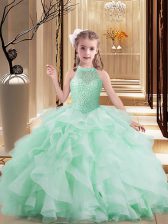  Beading and Ruffles Child Pageant Dress Apple Green Lace Up Sleeveless Floor Length