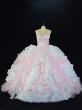 Flare Pink And White Organza Lace Up Quinceanera Gown Sleeveless Floor Length Beading and Pick Ups