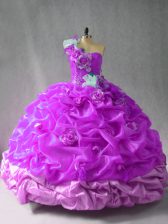 Trendy Purple Lace Up One Shoulder Pick Ups and Hand Made Flower 15th Birthday Dress Organza Sleeveless