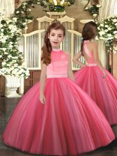  High-neck Sleeveless Little Girls Pageant Gowns Floor Length Beading Coral Red Tulle