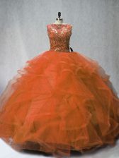 On Sale Rust Red Ball Gowns Sleeveless Tulle Brush Train Lace Up Beading and Ruffles 15th Birthday Dress