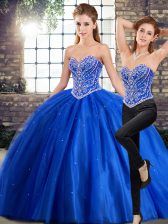  Sweetheart Sleeveless Brush Train Lace Up Sweet 16 Dresses Blue Tulle