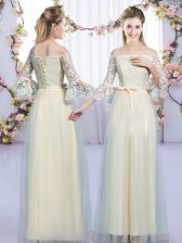 Admirable Tulle Off The Shoulder 3 4 Length Sleeve Lace Up Lace and Bowknot Quinceanera Dama Dress in Champagne