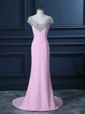 Suitable Pink Chiffon Side Zipper V-neck Cap Sleeves Evening Dress Court Train Beading