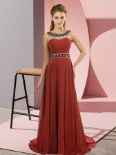  Scoop Sleeveless Brush Train Zipper Dress for Prom Rust Red Chiffon
