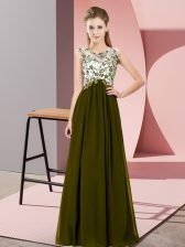 Perfect Olive Green Zipper Scoop Beading and Appliques Damas Dress Chiffon Sleeveless