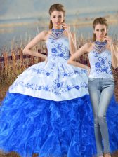  Sleeveless Court Train Embroidery and Ruffles Lace Up Quince Ball Gowns
