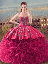 Shining Coral Red Ball Gowns Sweetheart Sleeveless Fabric With Rolling Flowers Lace Up Embroidery and Ruffles Quinceanera Dress