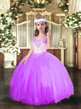  Beading Little Girl Pageant Gowns Lavender Lace Up Sleeveless Floor Length