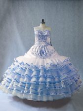 Fancy Blue And White Ball Gowns Embroidery and Ruffled Layers Quince Ball Gowns Lace Up Organza Sleeveless Floor Length
