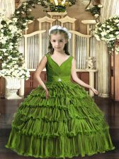  Sleeveless Floor Length Beading and Ruffled Layers Backless Little Girls Pageant Gowns with Olive Green