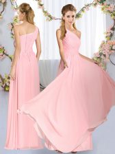  Sleeveless Chiffon Floor Length Lace Up Damas Dress in Baby Pink with Ruching