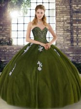  Olive Green Tulle Lace Up Vestidos de Quinceanera Sleeveless Floor Length Beading and Appliques