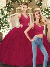 Great Red Ball Gowns Tulle V-neck Sleeveless Ruffles Floor Length Lace Up Ball Gown Prom Dress