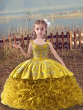  Sleeveless Embroidery Lace Up Pageant Gowns For Girls with Gold Sweep Train