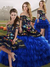 Dazzling Embroidery and Ruffled Layers 15 Quinceanera Dress Blue And Black Lace Up Sleeveless Floor Length