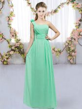 On Sale One Shoulder Sleeveless Quinceanera Court of Honor Dress Floor Length Hand Made Flower Turquoise Chiffon
