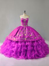  Organza Sweetheart Sleeveless Lace Up Embroidery and Ruffles Quinceanera Gowns in Purple