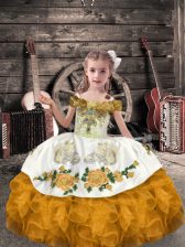 Beauteous Beading and Embroidery and Ruffles Girls Pageant Dresses Gold Lace Up Sleeveless Floor Length