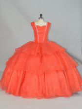 Sophisticated Orange Red Ball Gowns Beading and Ruffled Layers Quinceanera Dress Lace Up Organza Sleeveless Floor Length