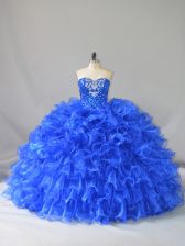 Fabulous Royal Blue Ball Gowns Ruffles and Sequins Sweet 16 Dresses Lace Up Organza Sleeveless Floor Length